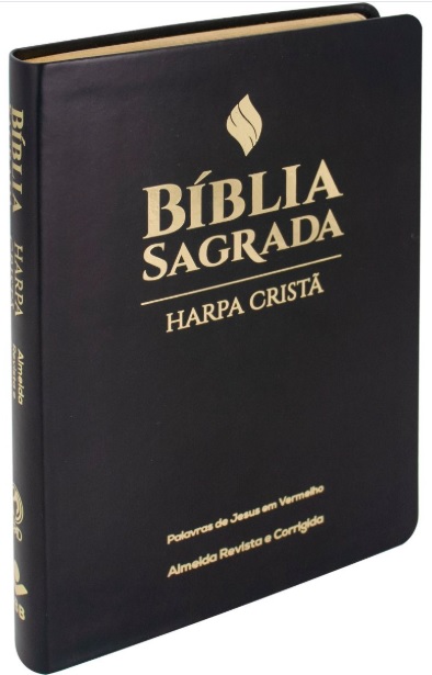 Bíblia Sagrada com harpa cristã e palavras de Jesus em vermelho